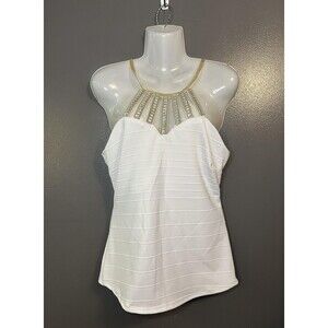 Marianne Tank Top Womens Large White Gold Beaded Strappy Halter Party USA